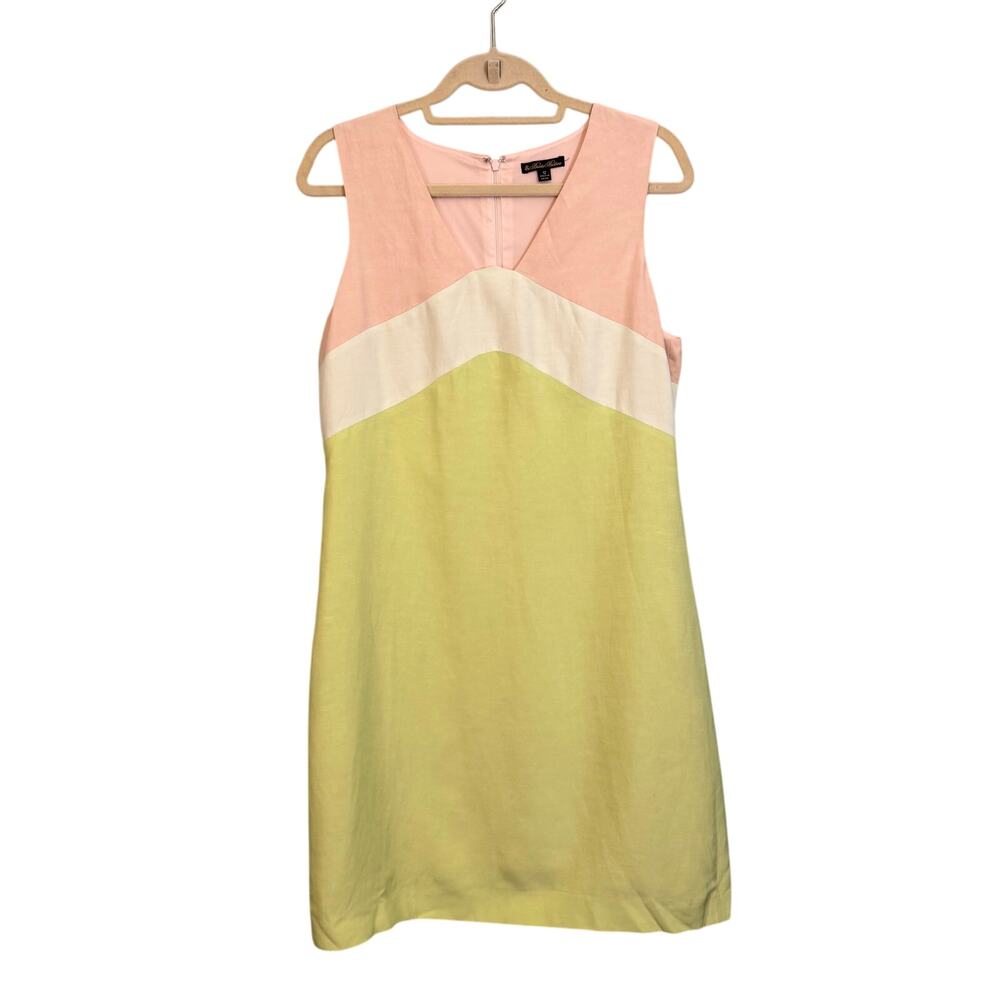 Brooks Bothers Mini Sheath Dress 12 Pink Green Colorblock Linen Blend Sleeveless - Picture 1 of 8